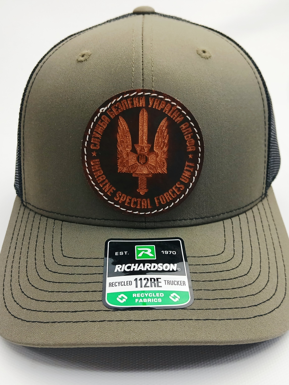 Richardson 112 Recycled Trucker Hat with Leather Patch - Olive